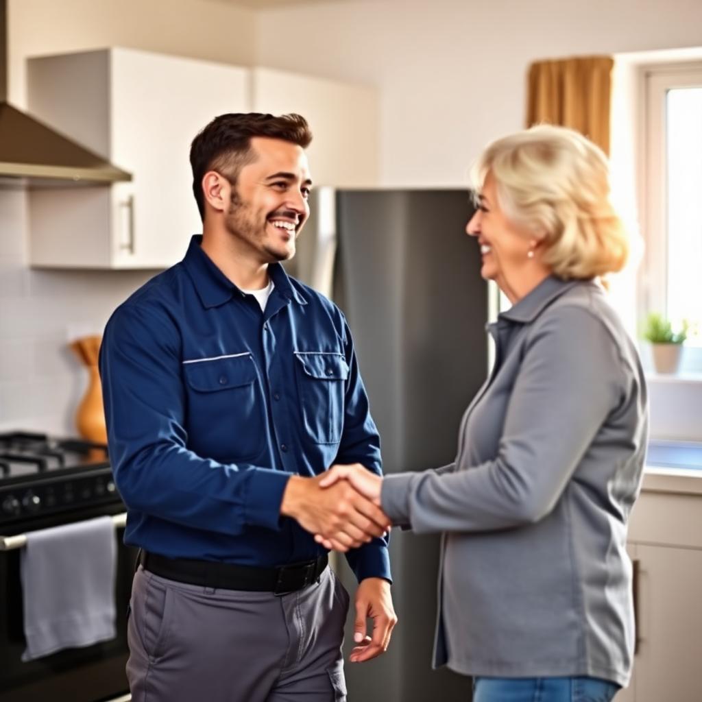 Friendly appliance technician with a happy homeowner