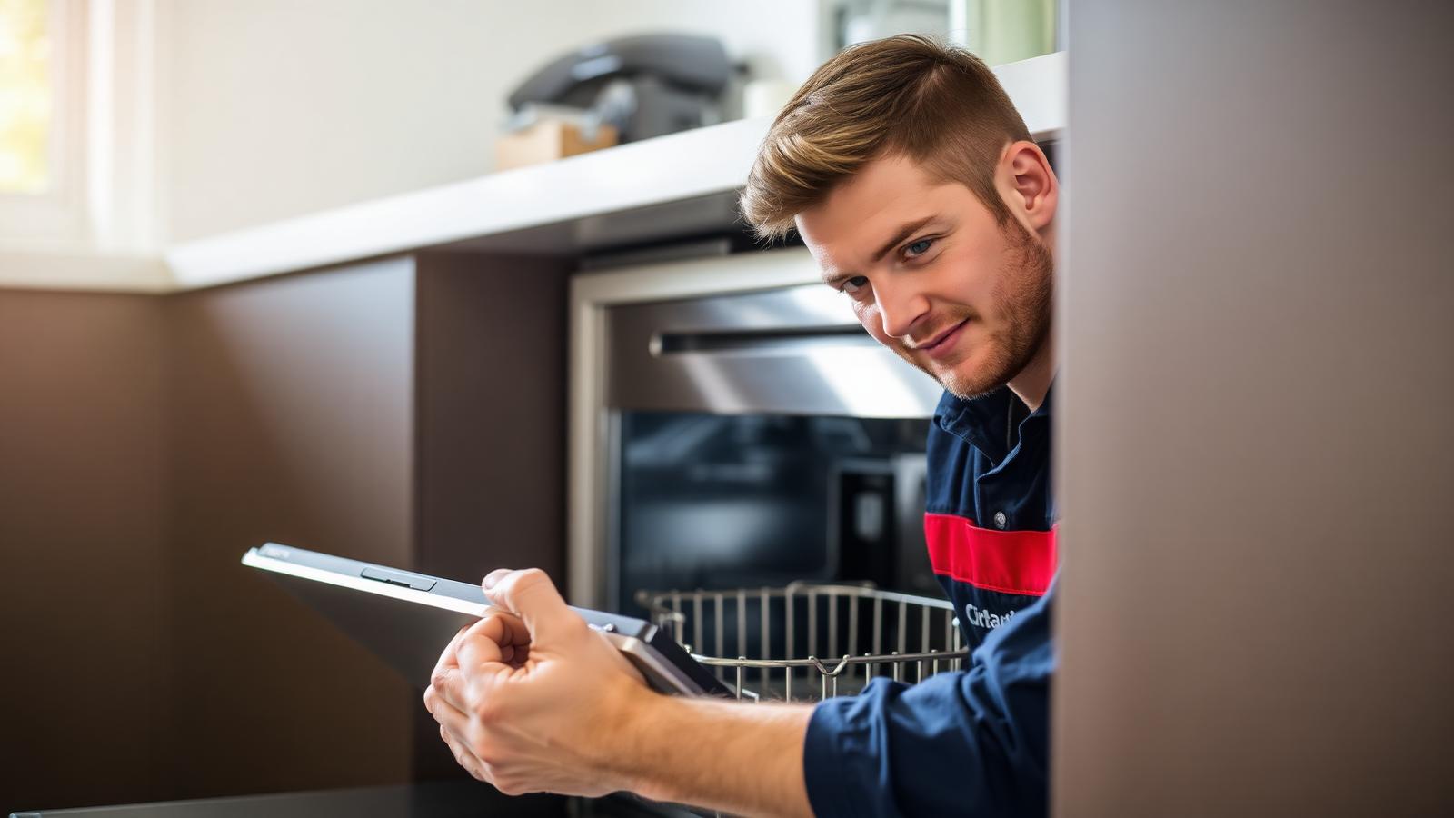 Technician installing a stainless steel dishwasher