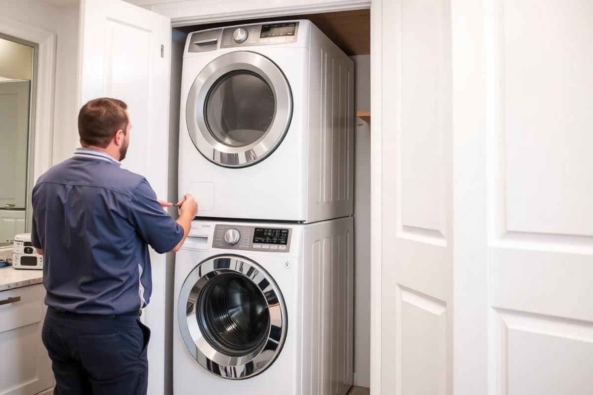 Stacked washer and dryer being installed in a laundry closet
