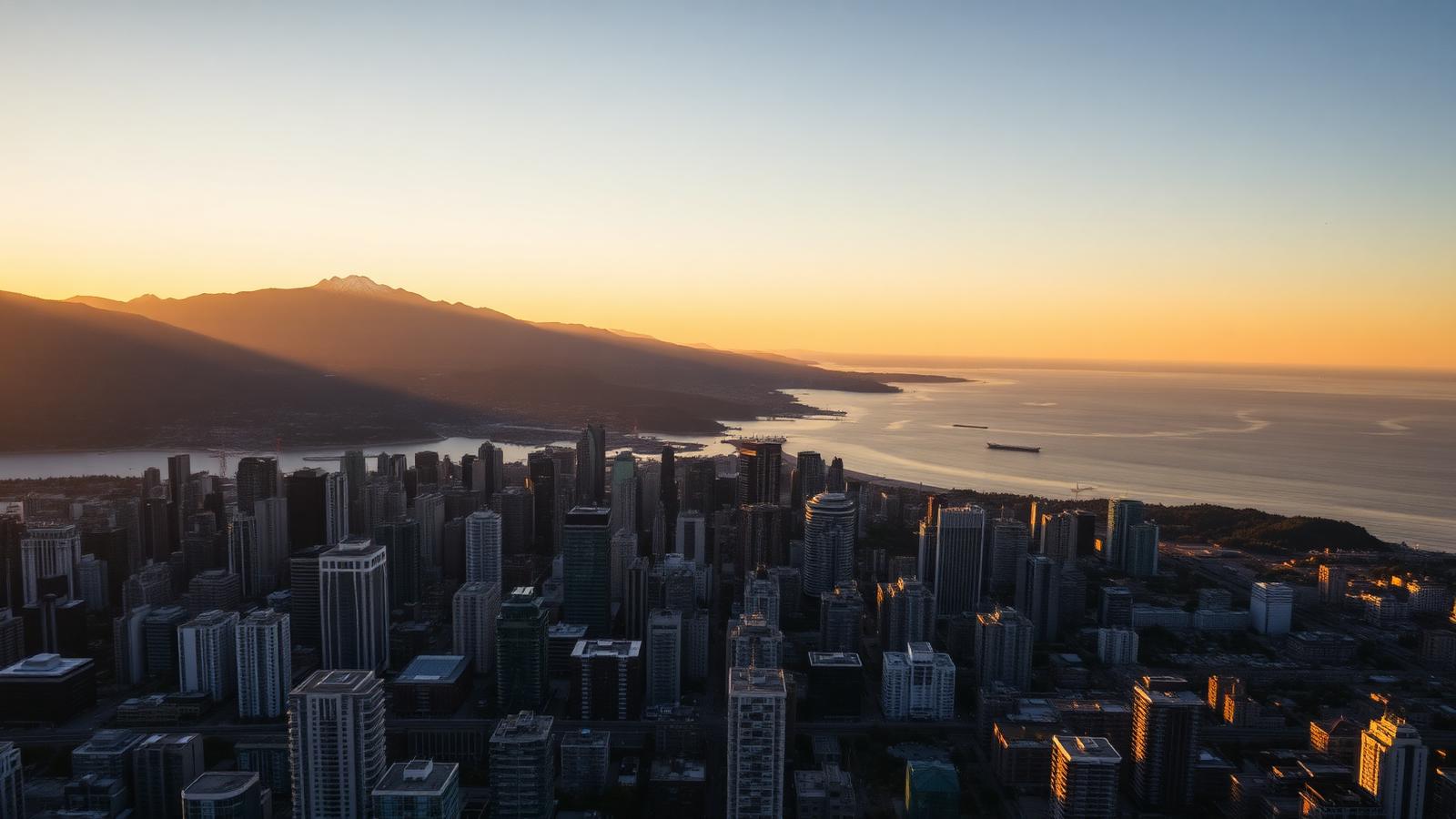 Vancouver skyline with mountains and ocean at sunset